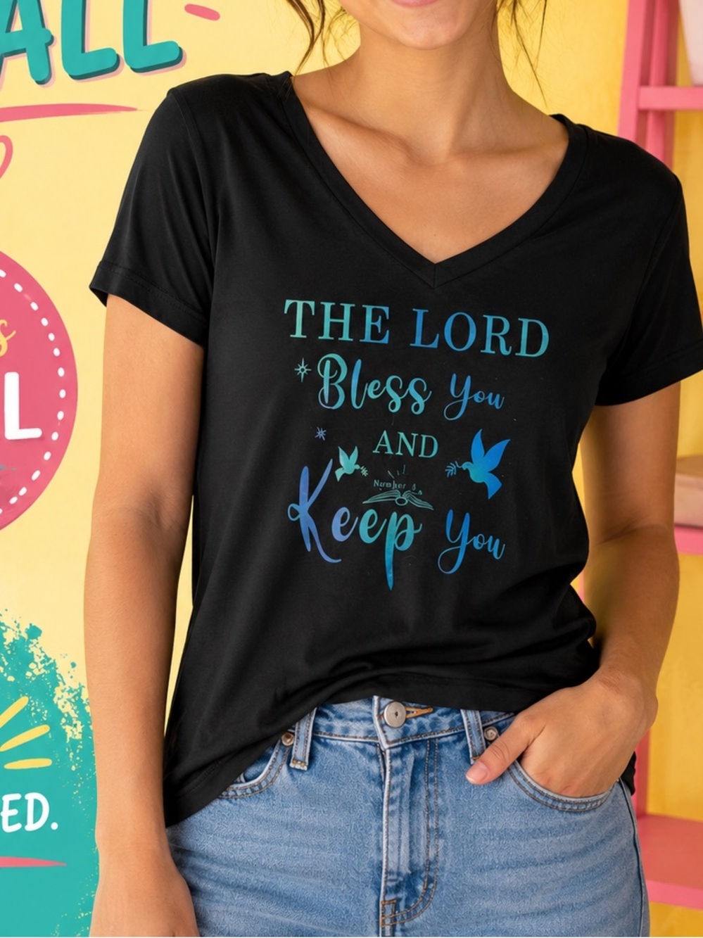 Faith BASED Hand Crafted Black V-Neck Tee with Blue Faith Graphic SMALL